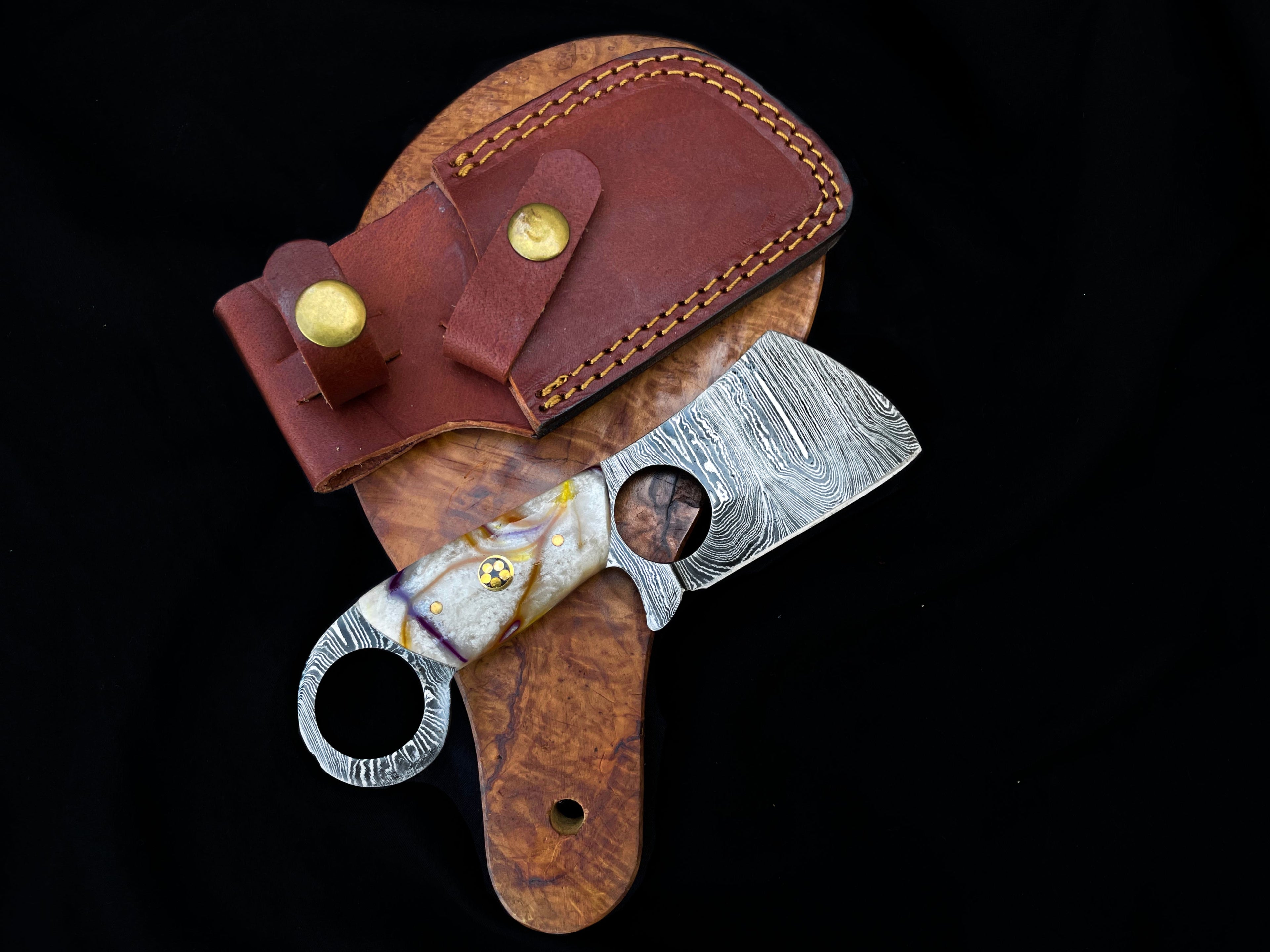 Mini Cleaver Damascus EDC Knife with Finger Hole Handle