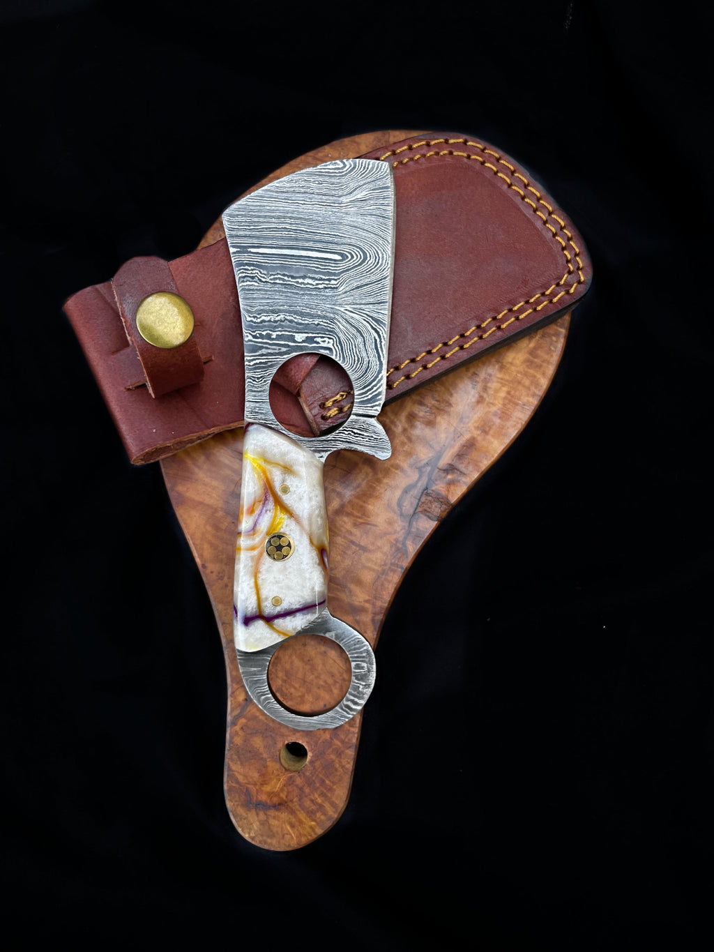 Mini Cleaver Damascus EDC Knife with Finger Hole Handle