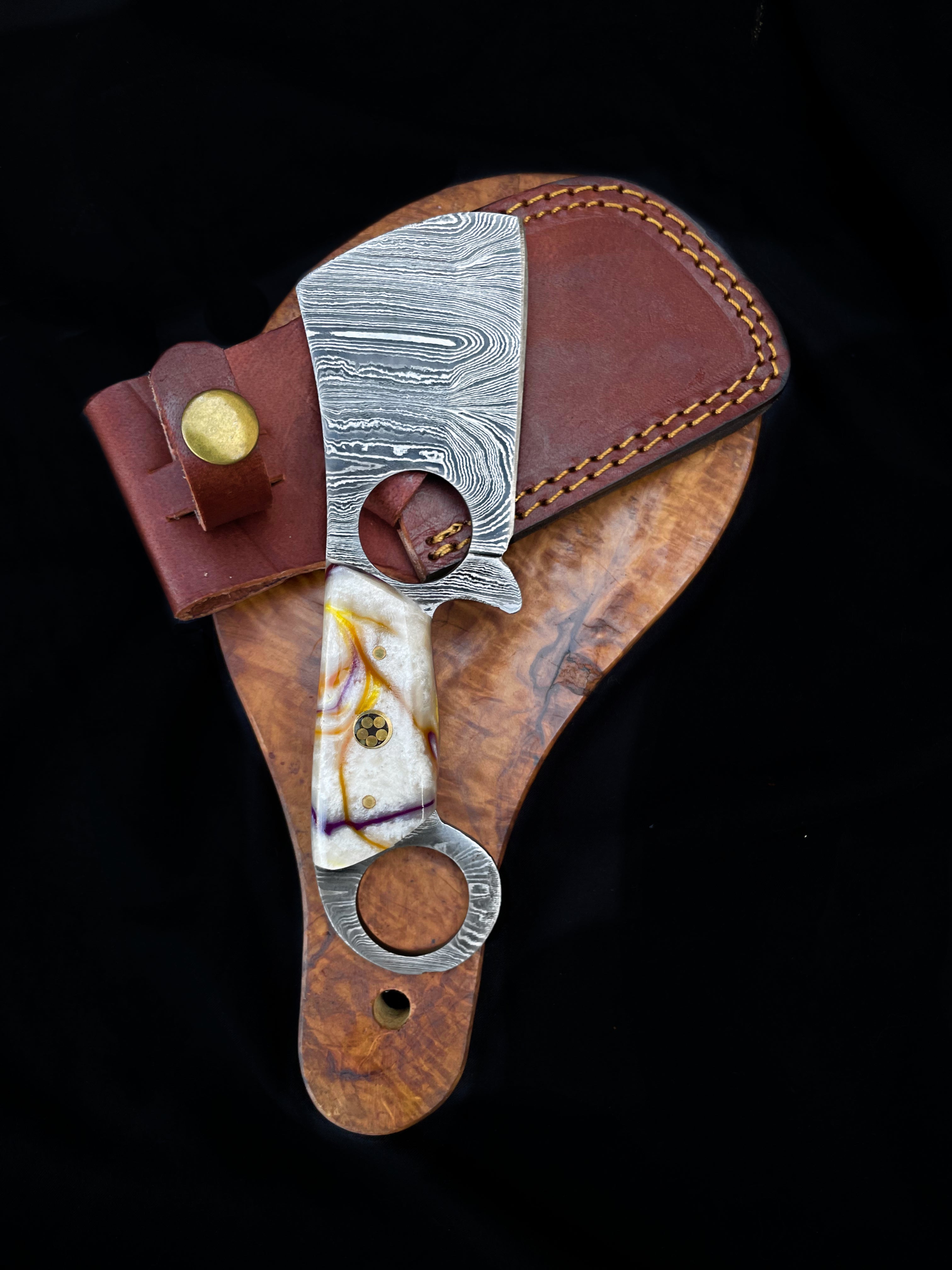 Mini Cleaver Damascus EDC Knife with Finger Hole Handle