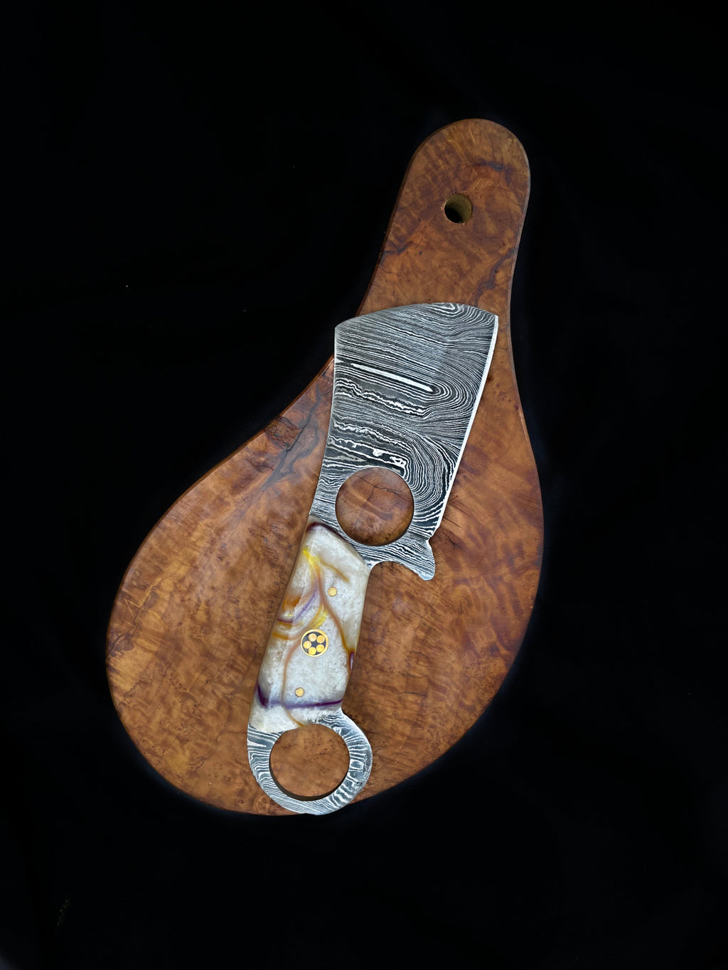 Mini Cleaver Damascus EDC Knife with Finger Hole Handle