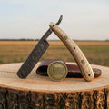 Engraved Brass Damascus Straight Razor – Handcrafted Ornate Cut-Throat Razor with Floral Handle