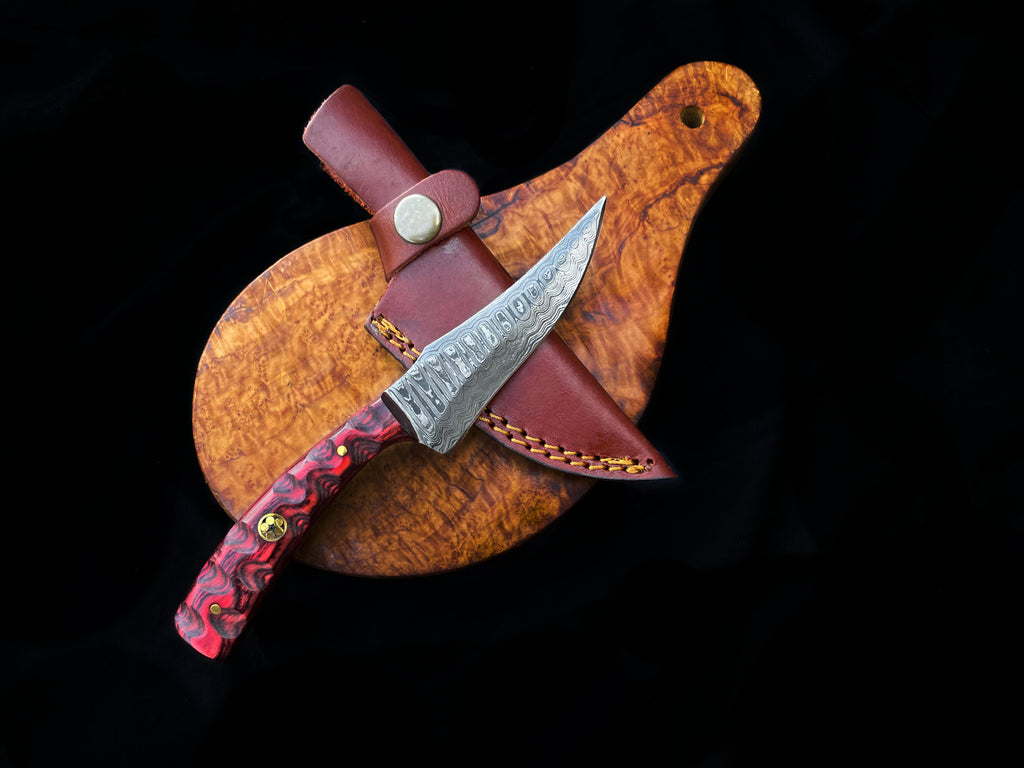 Red Diamond Wood Damascus Hunting Knife with Dyed Bone Handle