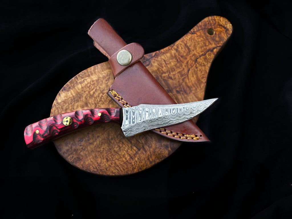 Red Diamond Wood Damascus Hunting Knife with Dyed Bone Handle