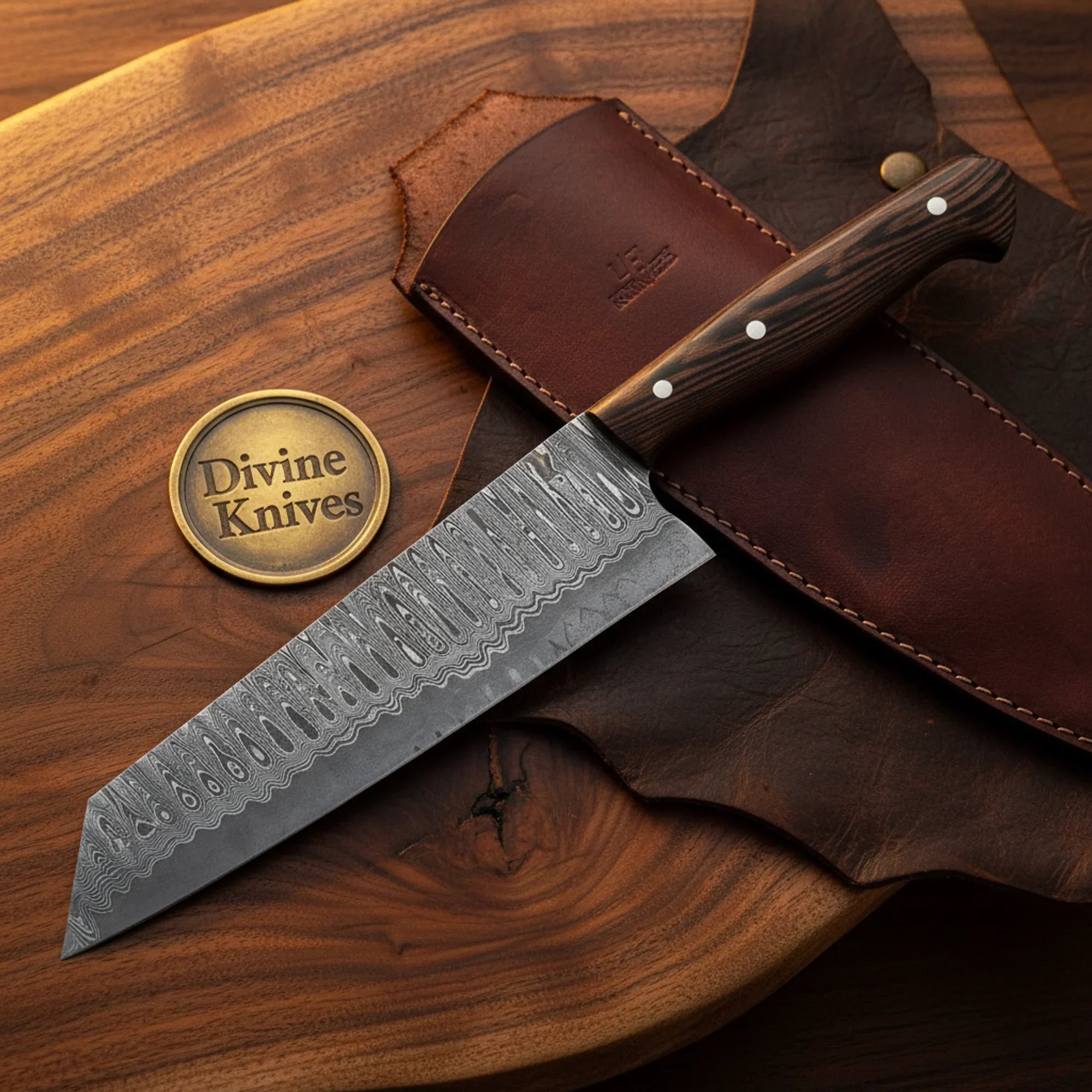 Wenge Wood Kanto Chef Knife with Deeply Textured Blade for Bold Kitchen Prep