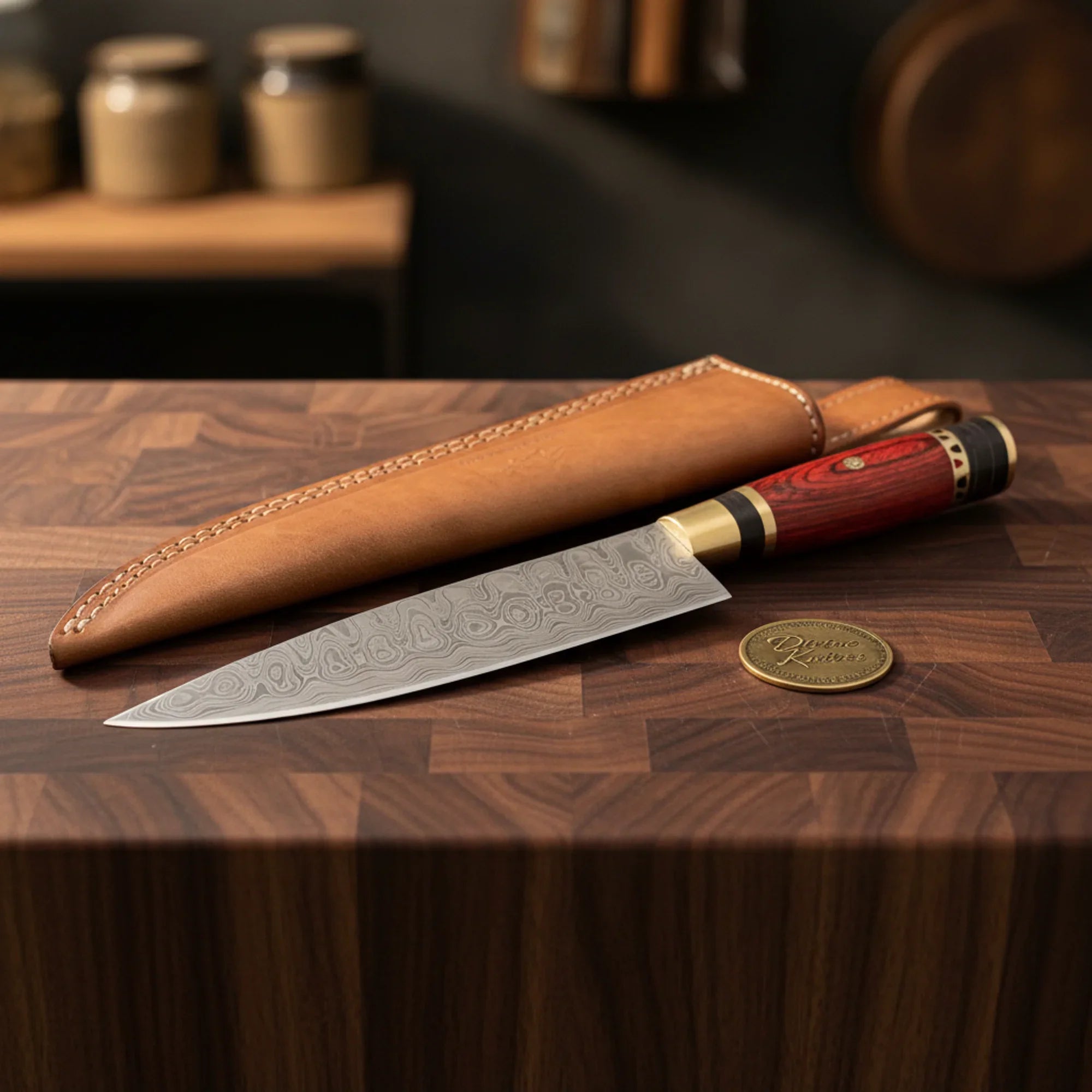Red Black Wood Handle Chef Knife with Brass Accents and Leather Sheath for Daily Cooking