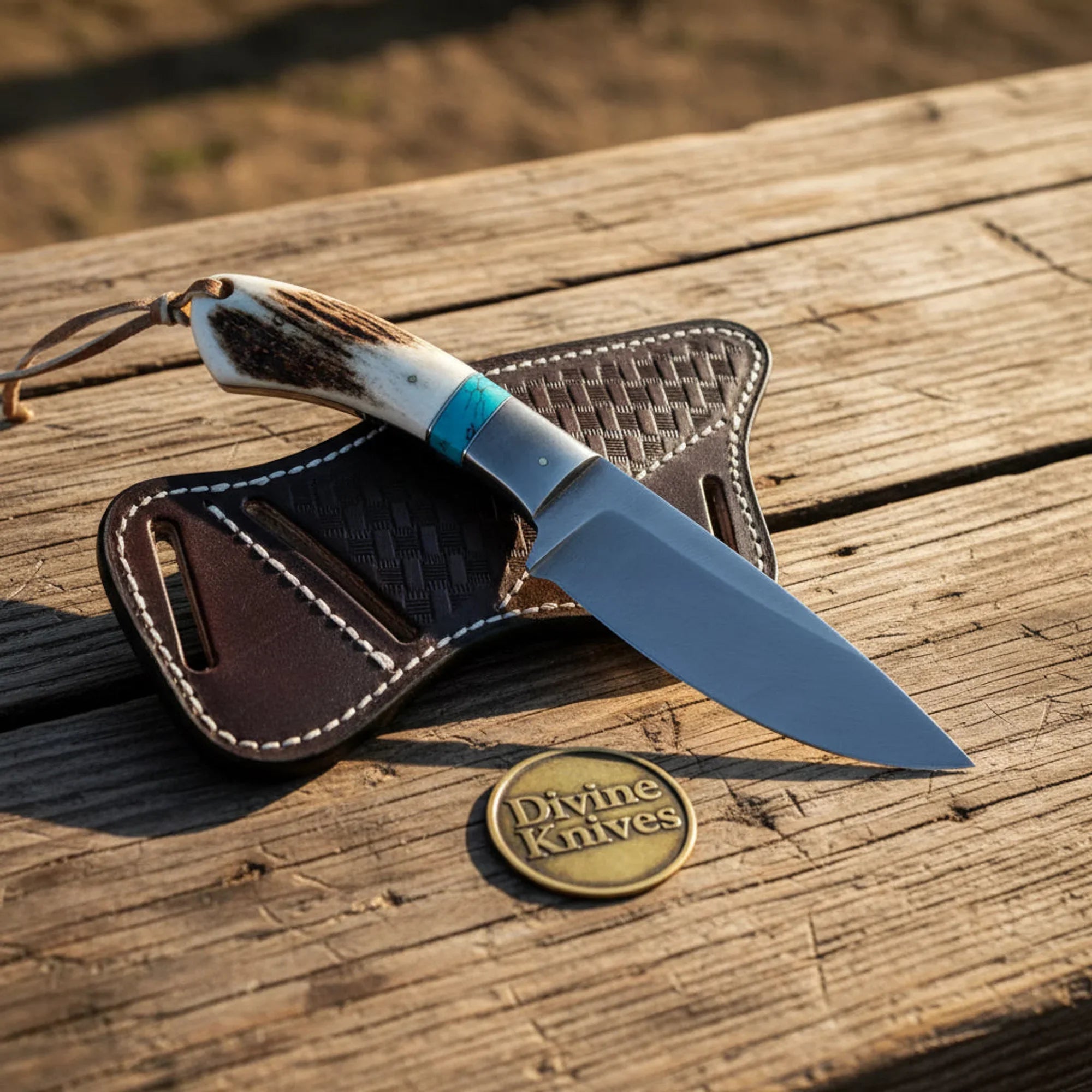 Acid-Washed Cowboy Knife with Stag Horn & Turquoise Handle – Handmade Outdoor Tool