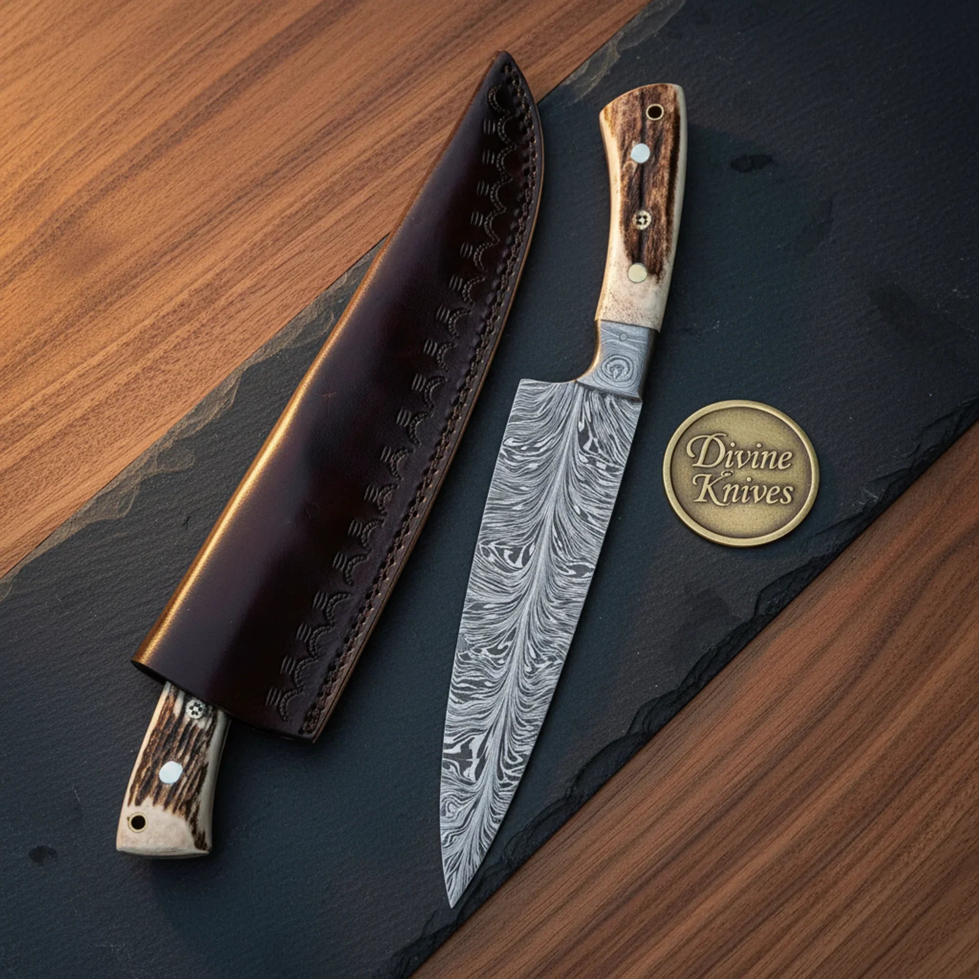 Stag Antler Chef Knife with Feather Pattern for Precision Kitchen Prep