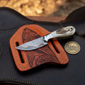 Copper Damascus Cowboy Knife with Stag Horn Handle & Floral Sheath