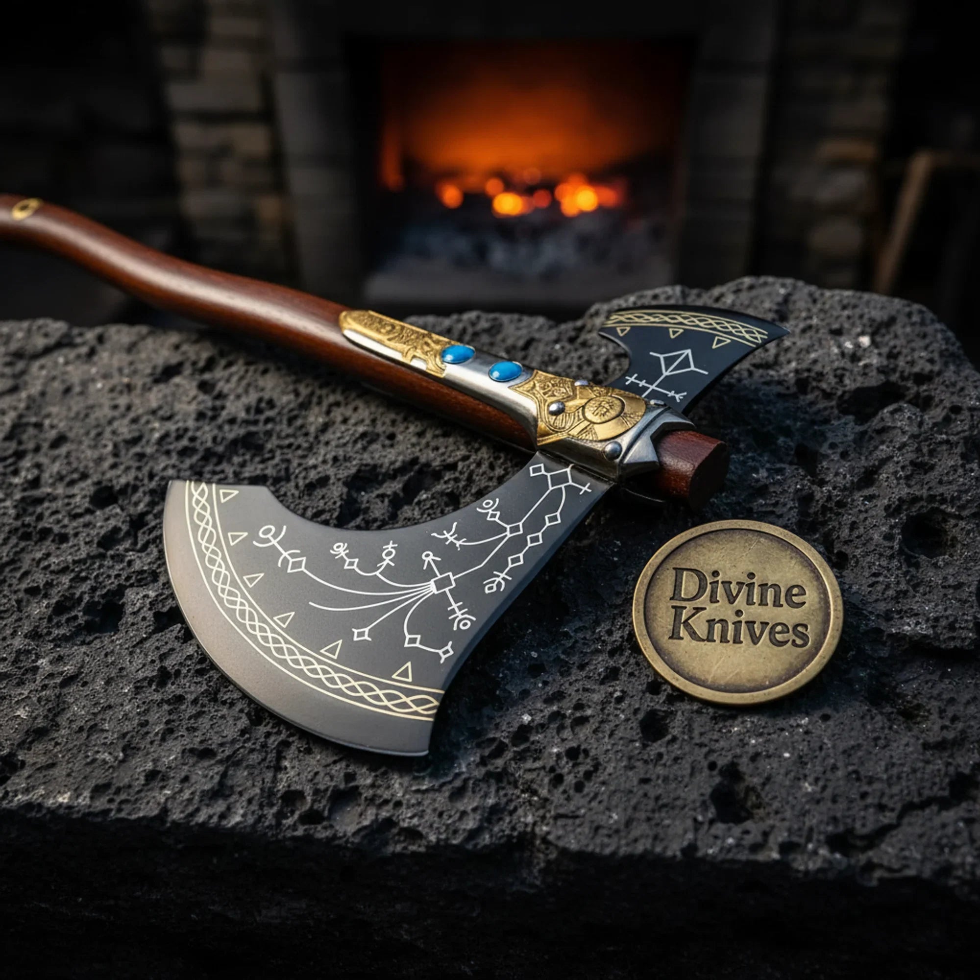 Norse Rune Viking Axe with Turquoise Inlay and Brass Fittings