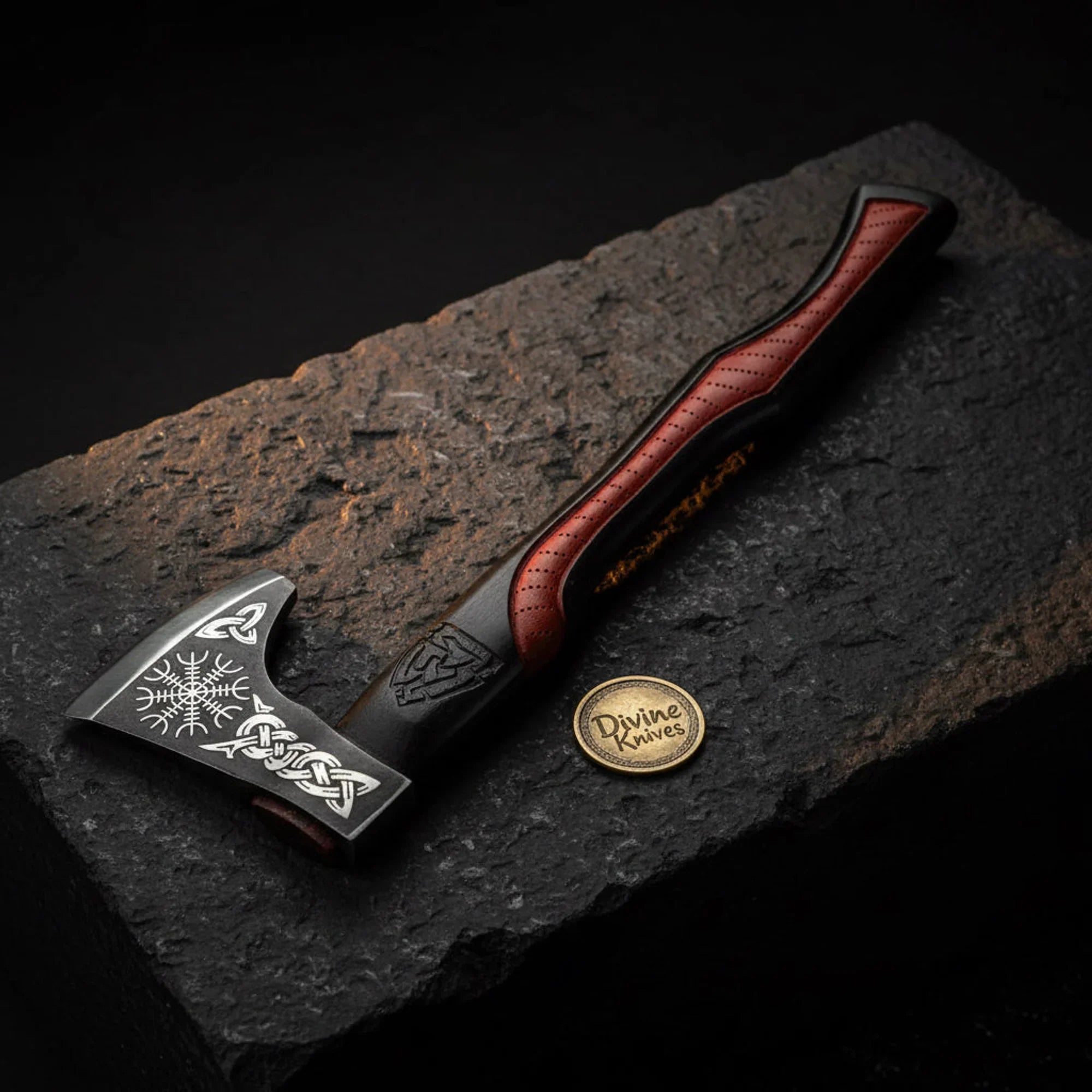Helm of Awe Viking Axe with Blackened Head & Sculpted Red Handle