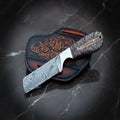 Damascus Cowboy Knife with Pine Cone Resin Handle & Floral-Tooled Sheath