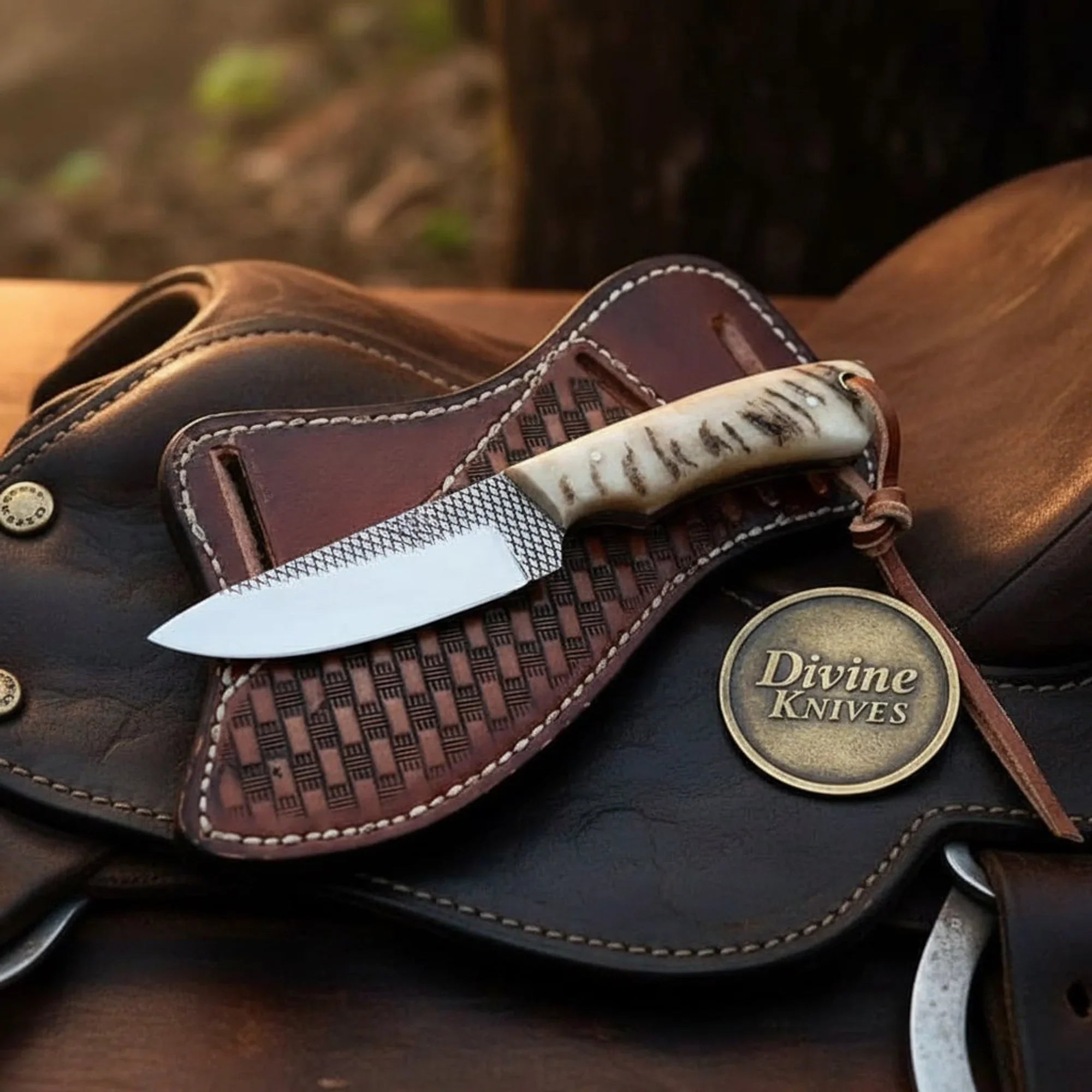 Ram Horn Cowboy Knife with Rasp Steel Blade & Basket-Weave Sheath