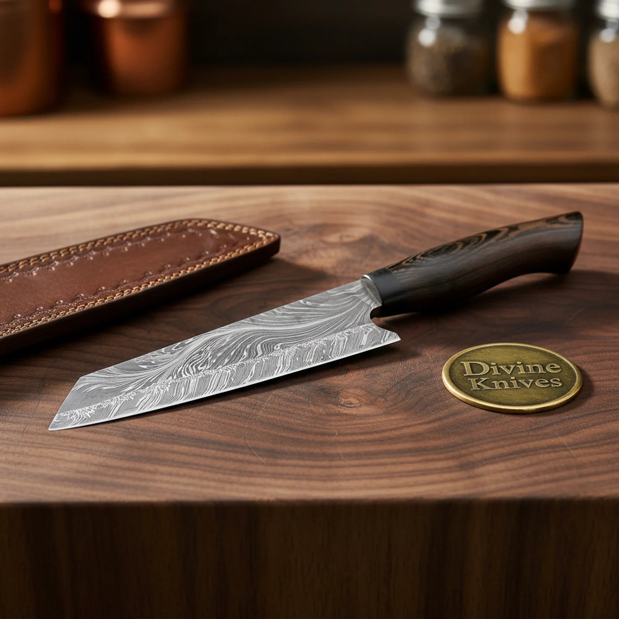 Dark Horn Handle Chef Knife with Wide Cutting Blade and Leather Sheath