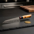 Olive Wood Chef Knife with Red Spacer Accent and Patterned Steel Blade