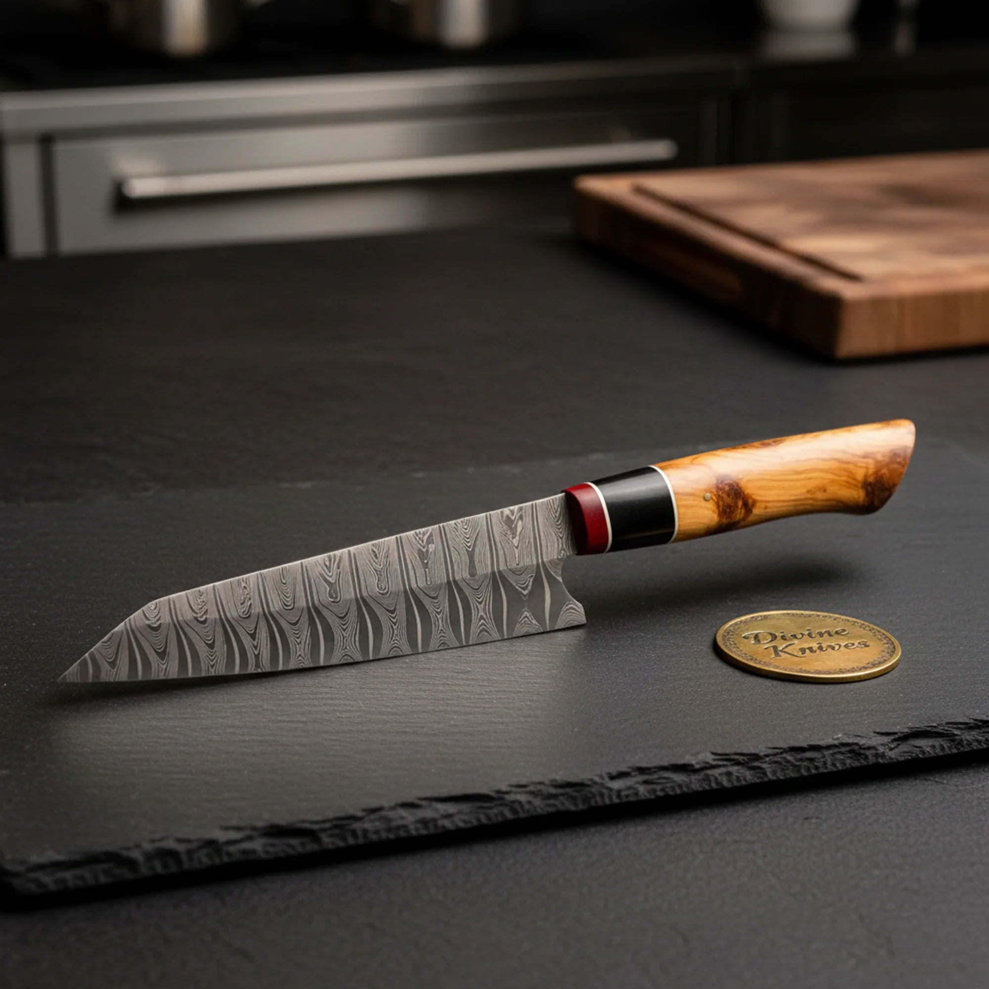 Olive Wood Chef Knife with Red Spacer Accent and Patterned Steel Blade