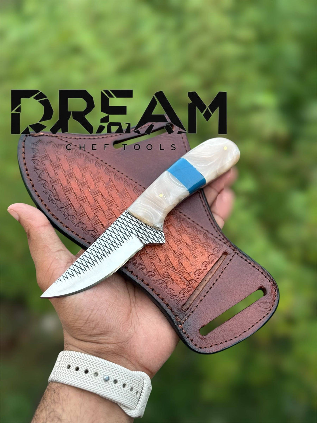 Handmade IWB cowboy knife with 8-inch rasp steel blade, resin handle, and leather sheath, designed for concealed carry.