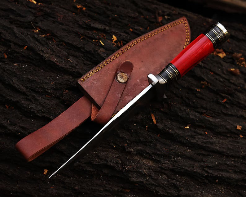 Custom Handmade J2 Steel Bowie Knife – 13-Inch Blade with Colorful Bone Handle and Steel Guard, Includes Leather Sheath