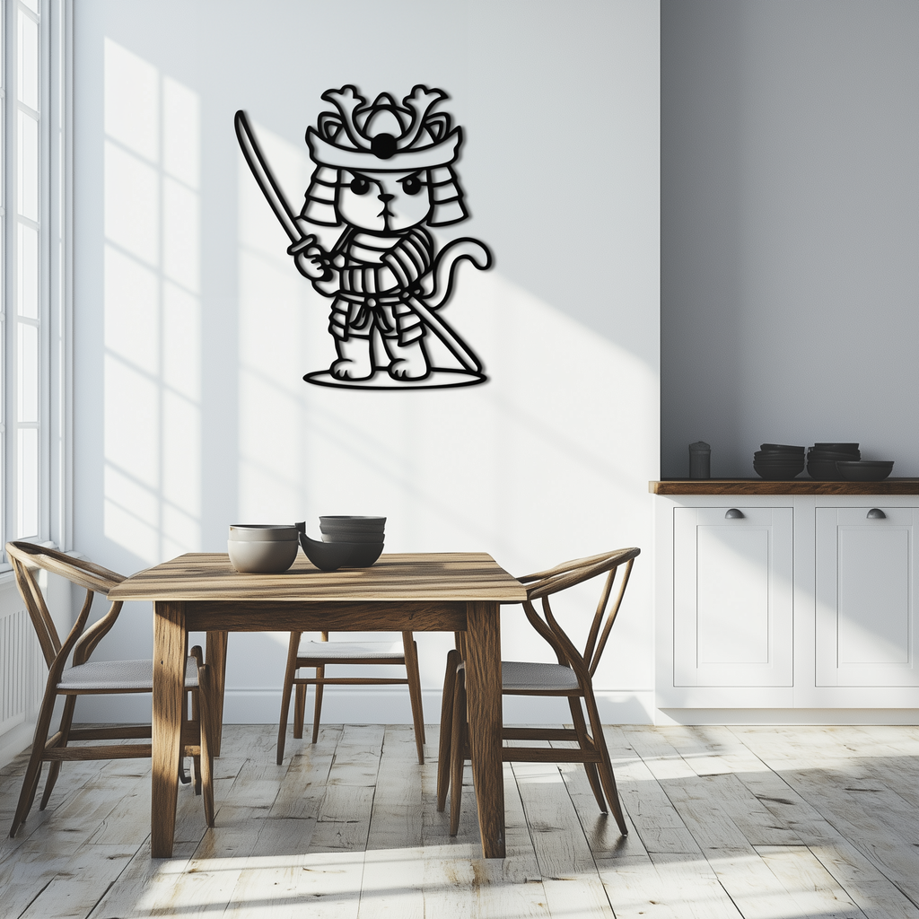 Samurai Cat Warrior Metal Wall Art – Cute Japanese Katana Decor- KAF576