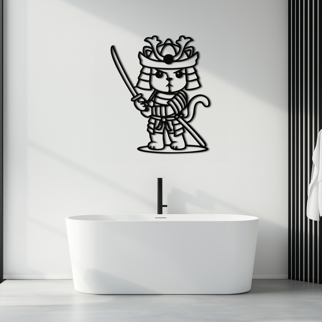 Samurai Cat Warrior Metal Wall Art – Cute Japanese Katana Decor- KAF576