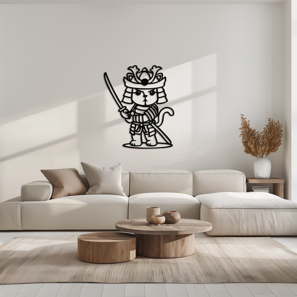 Samurai Cat Warrior Metal Wall Art – Cute Japanese Katana Decor- KAF576