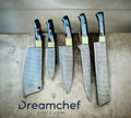 Handmade Damascus steel chef knife with resin handle, brass bolster, leather sheath, part of Knives Gear Garage kitchen knives set.