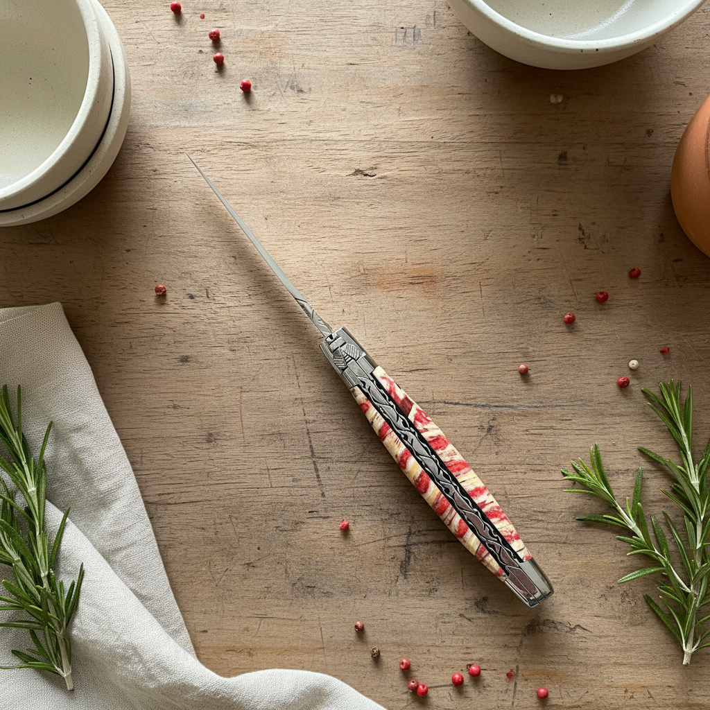 Laguiole en Aubrac Handcarved Plates Multipurpose Knife, Red Mollar Handle, 4.75 inches