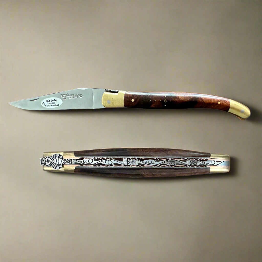 Laguiole en Aubrac Le Bijou Luxury Multipurpose Knife, 4.8-in (12cm), Ironwood Burl Handle, With  Brass Bolsters, And Two Copper Plates