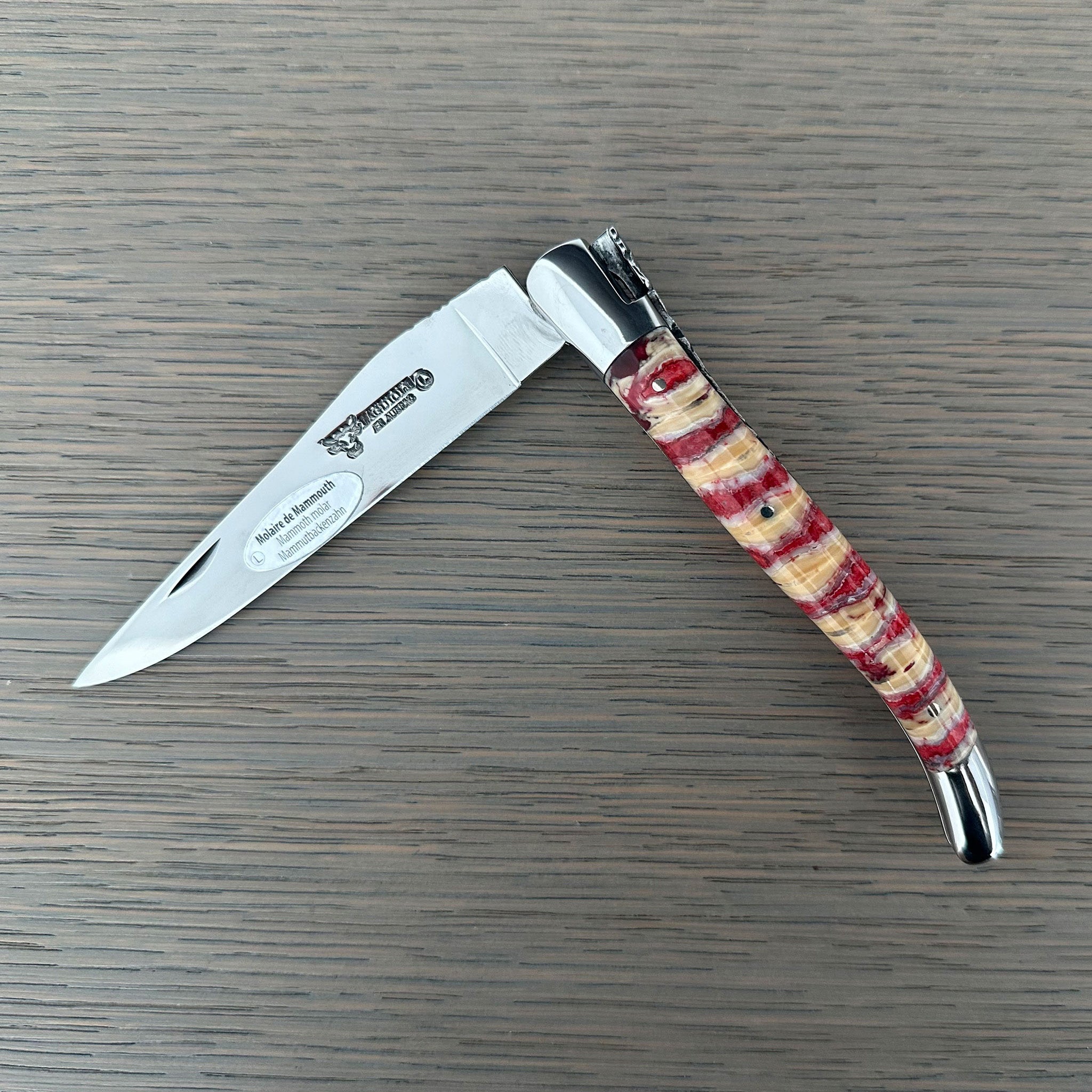 Laguiole en Aubrac Handcarved Plates Multipurpose Knife, Red Mollar Handle, 4.75 inches