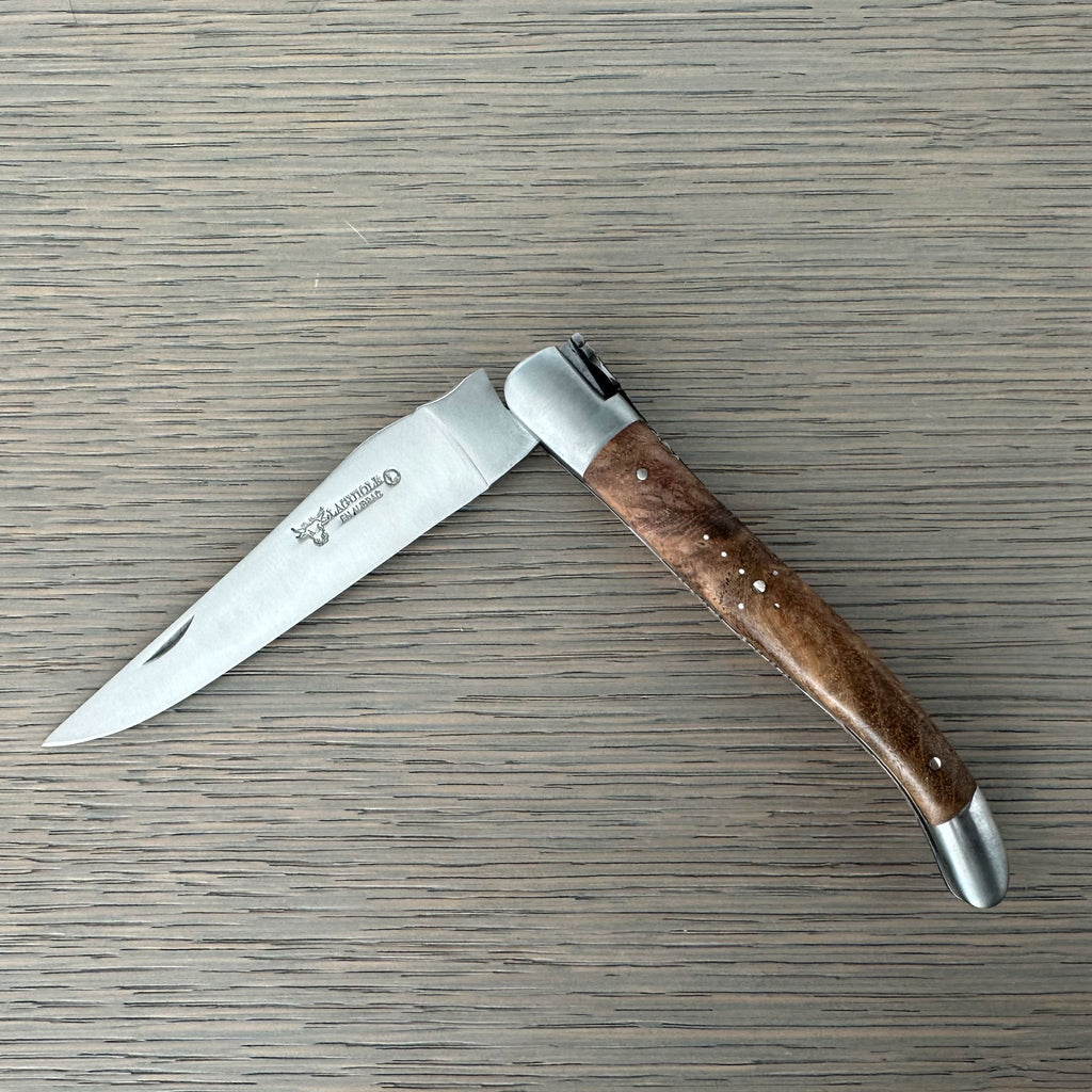 Laguiole en Aubrac Handcarved Plates Multipurpose Knife with Teak Wood Handle, 4.75-Inches, Brushed Bolsters