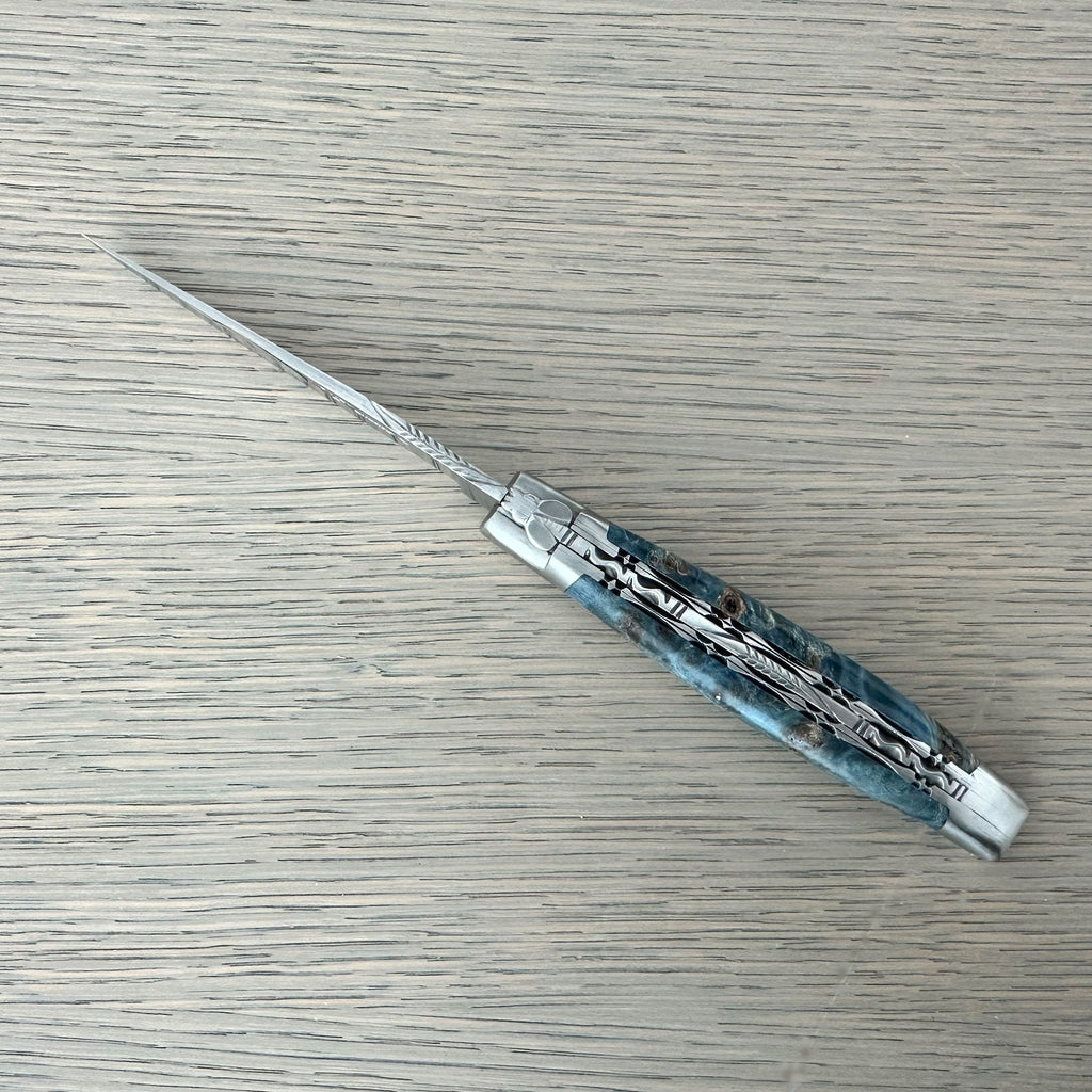 Laguiole en Aubrac Folding Knife Double Plated Stabilized Blue Poplar Burl, 4.75-in