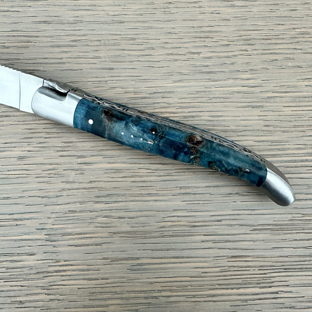 Laguiole en Aubrac Folding Knife Double Plated Stabilized Blue Poplar Burl, 4.75-in