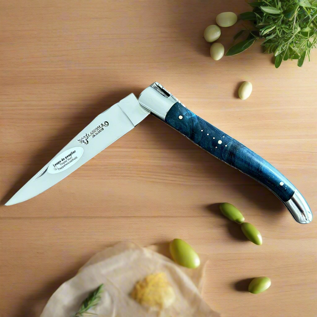 Laguiole en Aubrac Handcarved Plates Multipurpose Knife with Stabilized Blue Poplar Burl With Veins Handle, 4.75-Inches