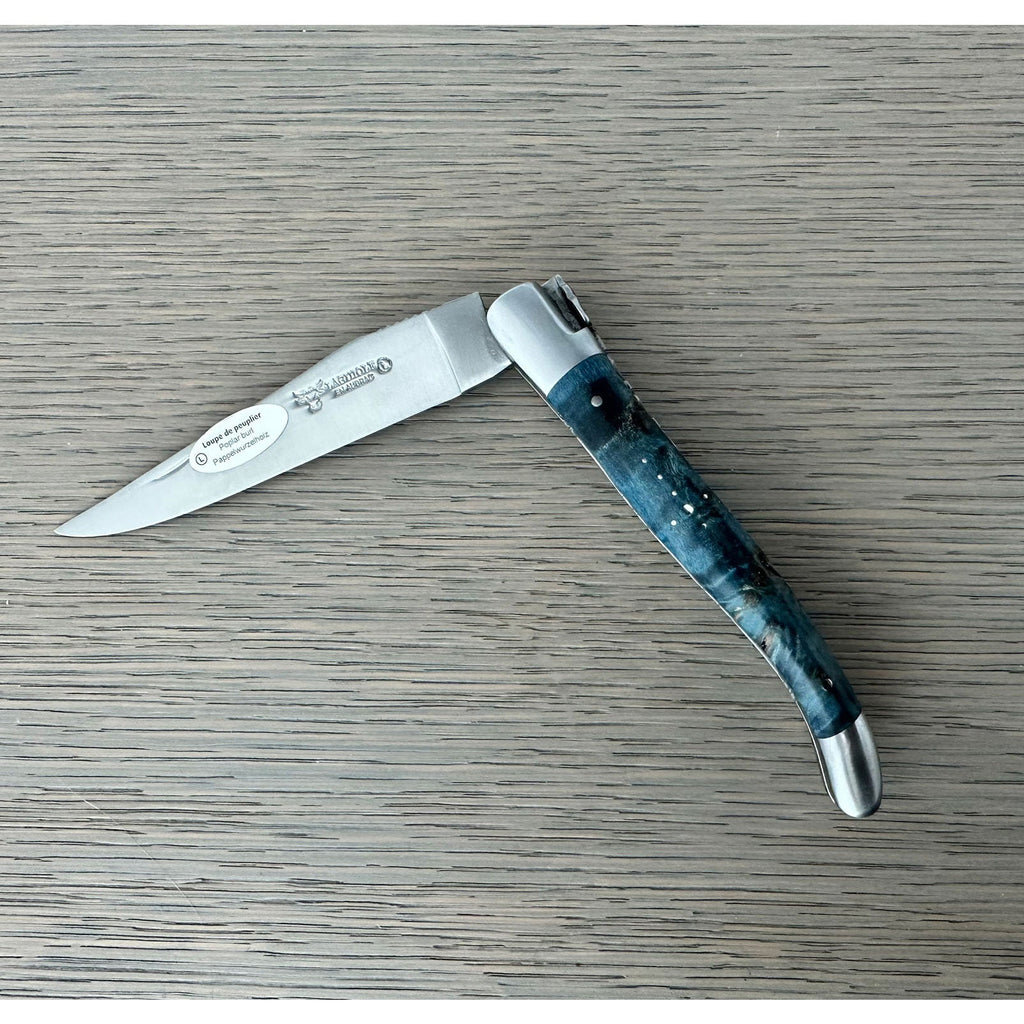 Laguiole en Aubrac Folding Knife Double Plated Stabilized Blue Poplar Burl, 4.75-in