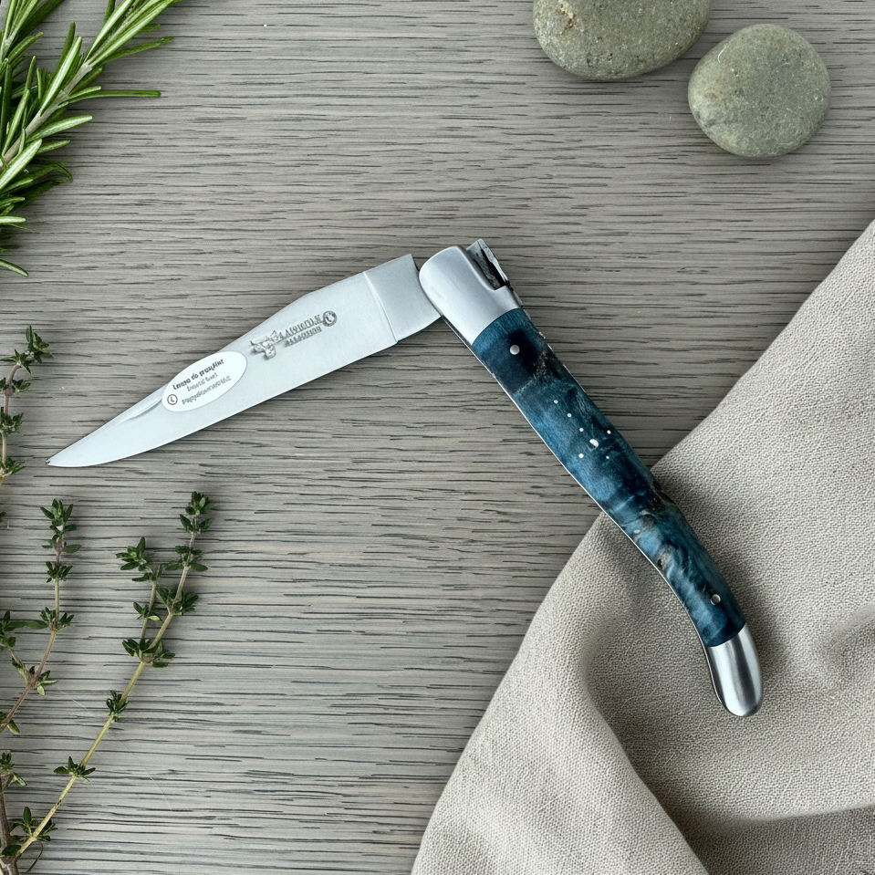 Laguiole en Aubrac Folding Knife Double Plated Stabilized Blue Poplar Burl, 4.75-in