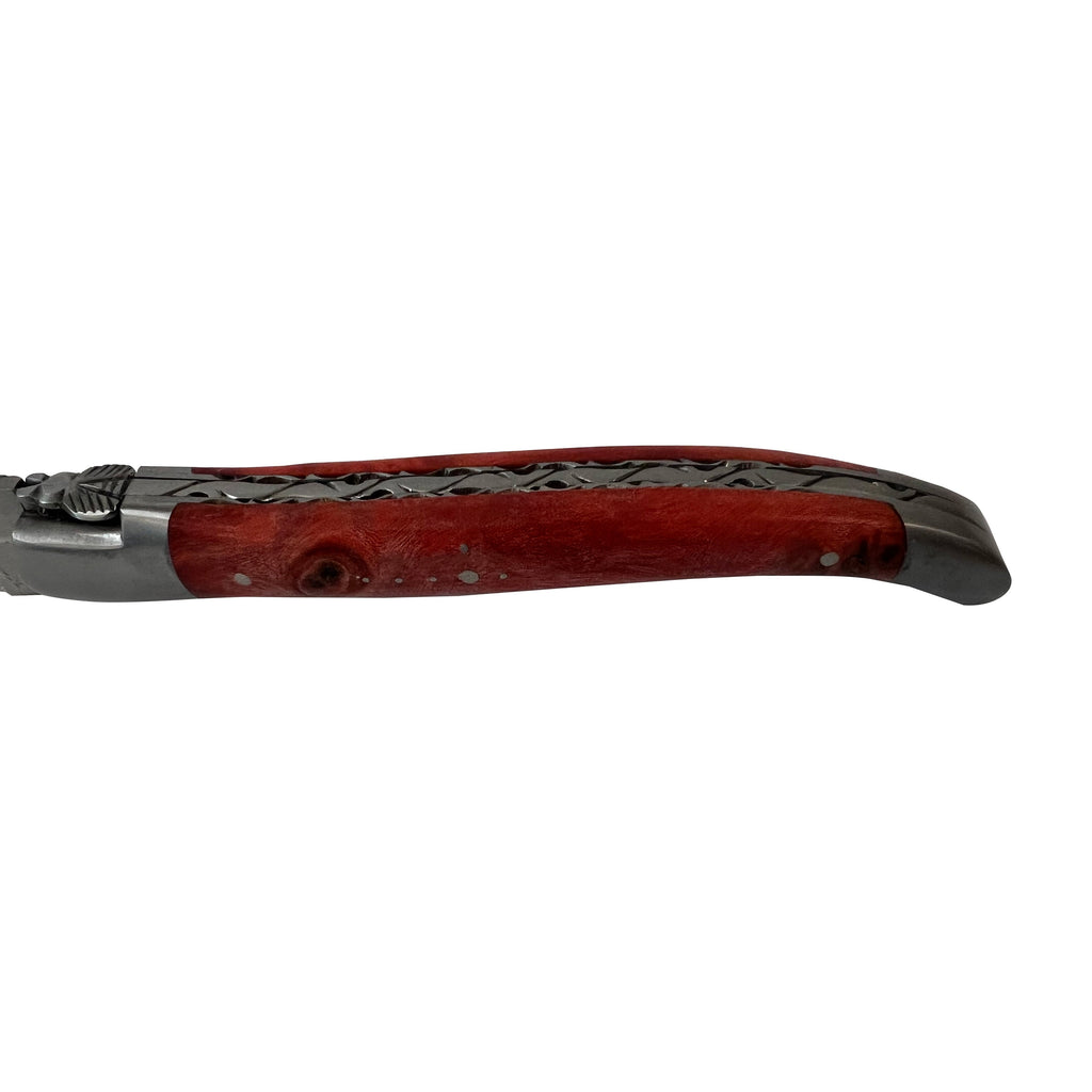 Laguiole en Aubrac Handcarved Plates Multipurpose Knife with Stabilized Red Poplar Burl Handle, 4.75-Inches