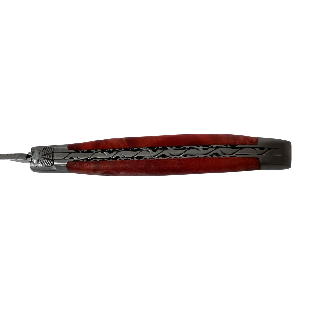 Laguiole en Aubrac Handcarved Plates Multipurpose Knife with Stabilized Red Poplar Burl Handle, 4.75-Inches