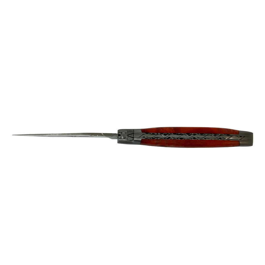 Laguiole en Aubrac Handcarved Plates Multipurpose Knife with Stabilized Red Poplar Burl Handle, 4.75-Inches