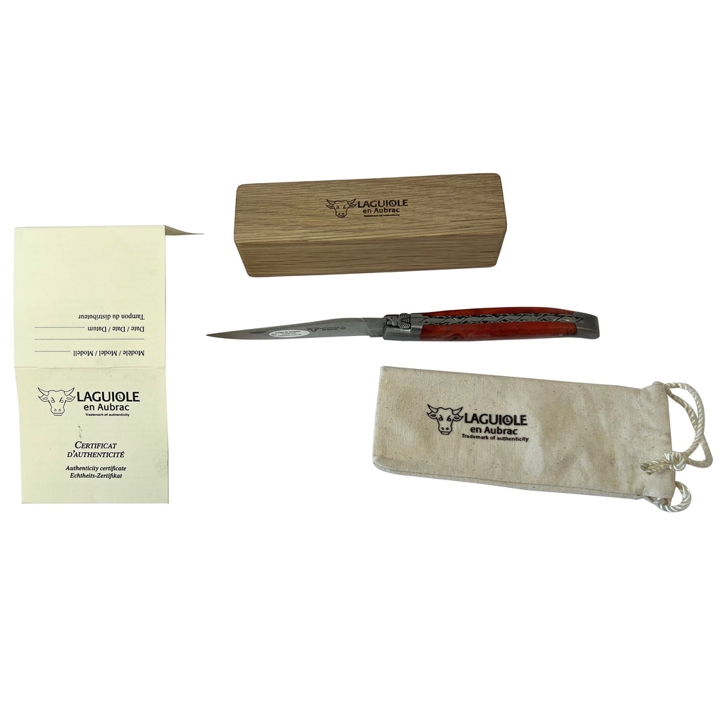Laguiole en Aubrac Handcarved Plates Multipurpose Knife with Stabilized Red Poplar Burl Handle, 4.75-Inches