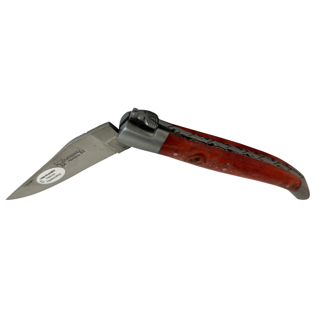Laguiole en Aubrac Handcarved Plates Multipurpose Knife with Stabilized Red Poplar Burl Handle, 4.75-Inches