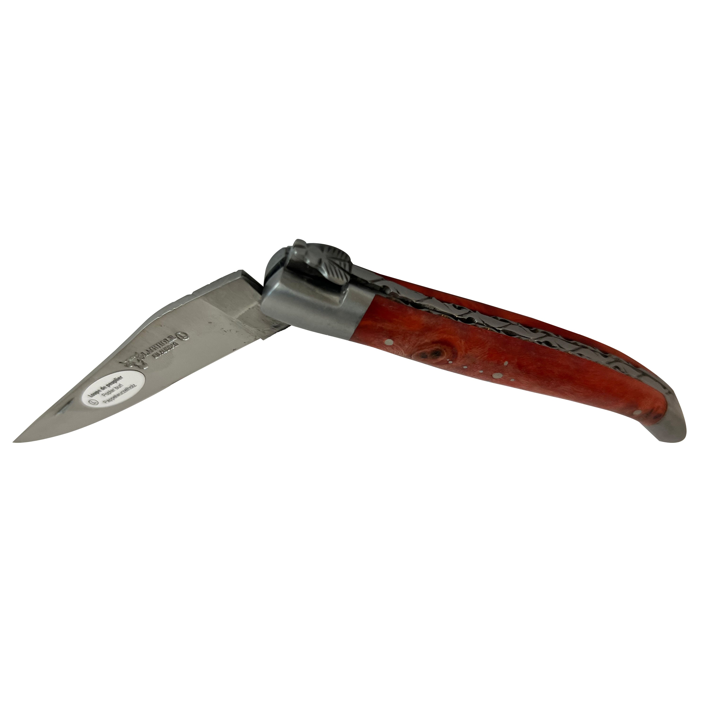 Laguiole en Aubrac Handcarved Plates Multipurpose Knife with Stabilized Red Poplar Burl Handle, 4.75-Inches