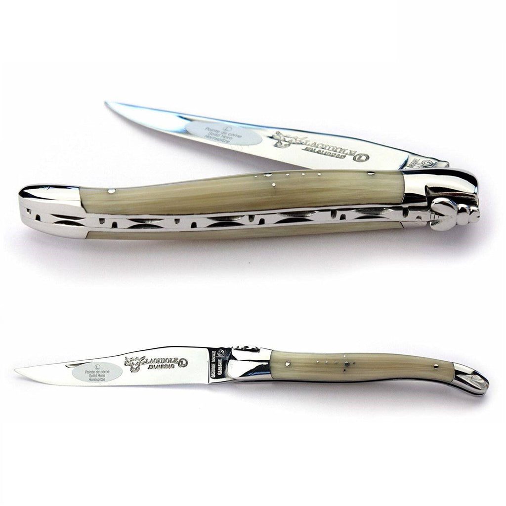 Laguiole en Aubrac Handcrafted Plates Multipurpose Knife with Shiny Bolsters, Solid Horn Handle, 4.75 inches