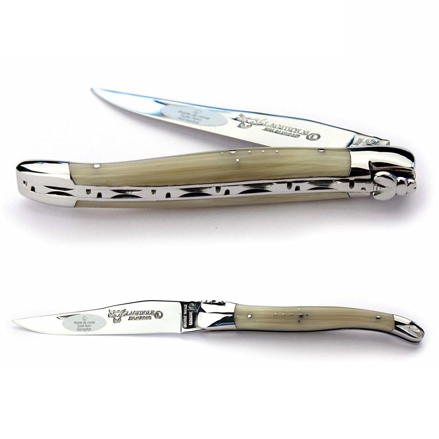 Laguiole en Aubrac Handcrafted Plates Multipurpose Knife with Shiny Bolsters, Solid Horn Handle, 4.75 inches