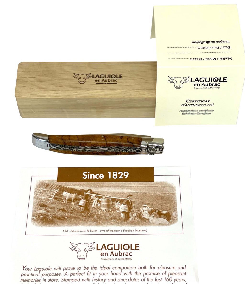 Laguiole en Aubrac Handcarved Plates Multipurpose Knife with Teak Wood Handle, 4.75-Inches