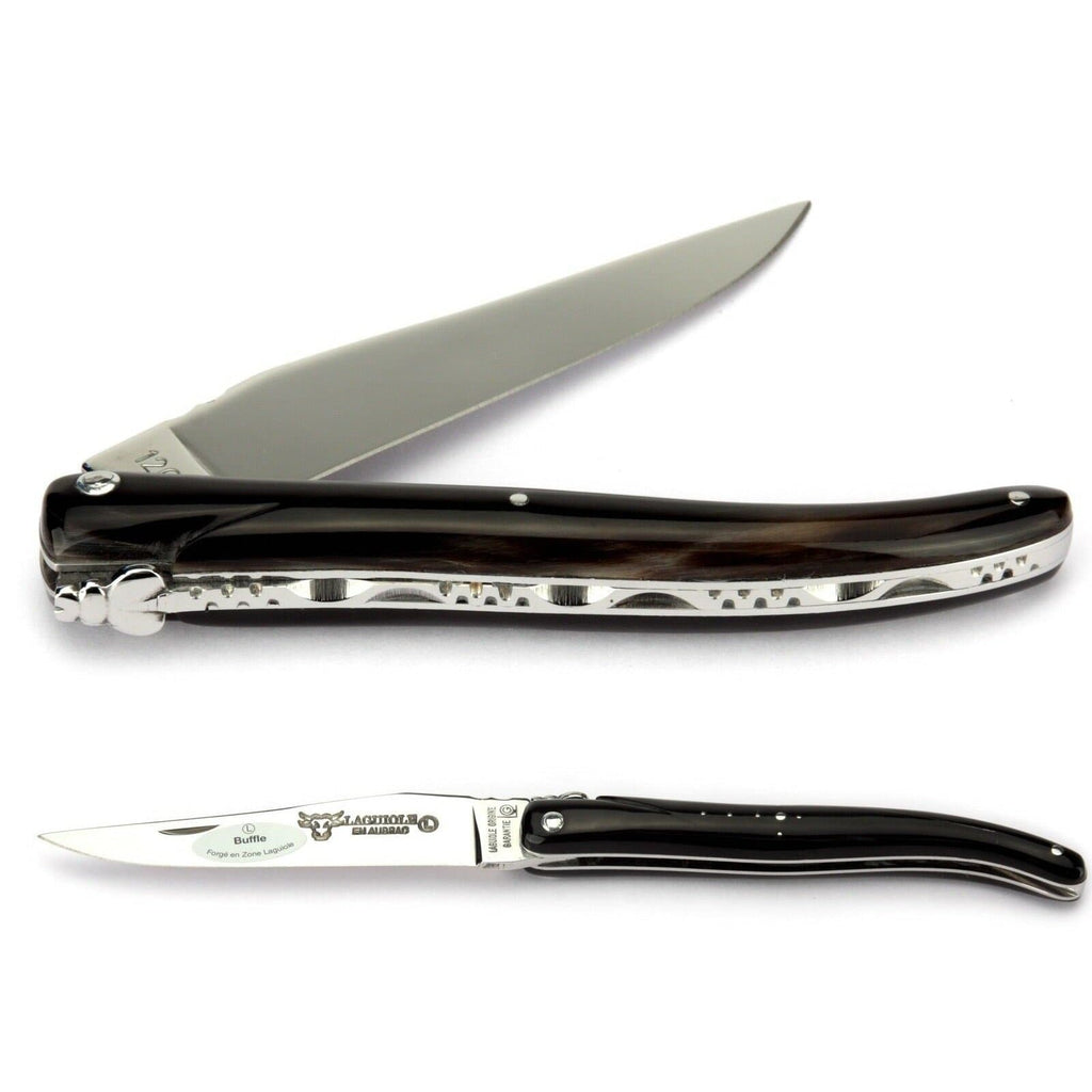 Laguiole en Aubrac Handcrafted Plated Multipurpose Knife, Full Buffalo Horn Handle, 4.75 inches