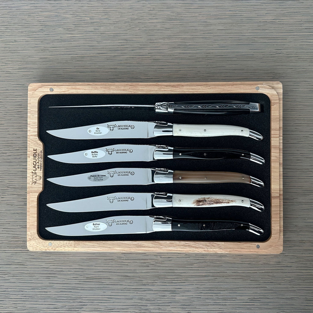 Laguiole en Aubrac Handcrafted 6-Piece Steak Knife Set with Mixed Horn Handles