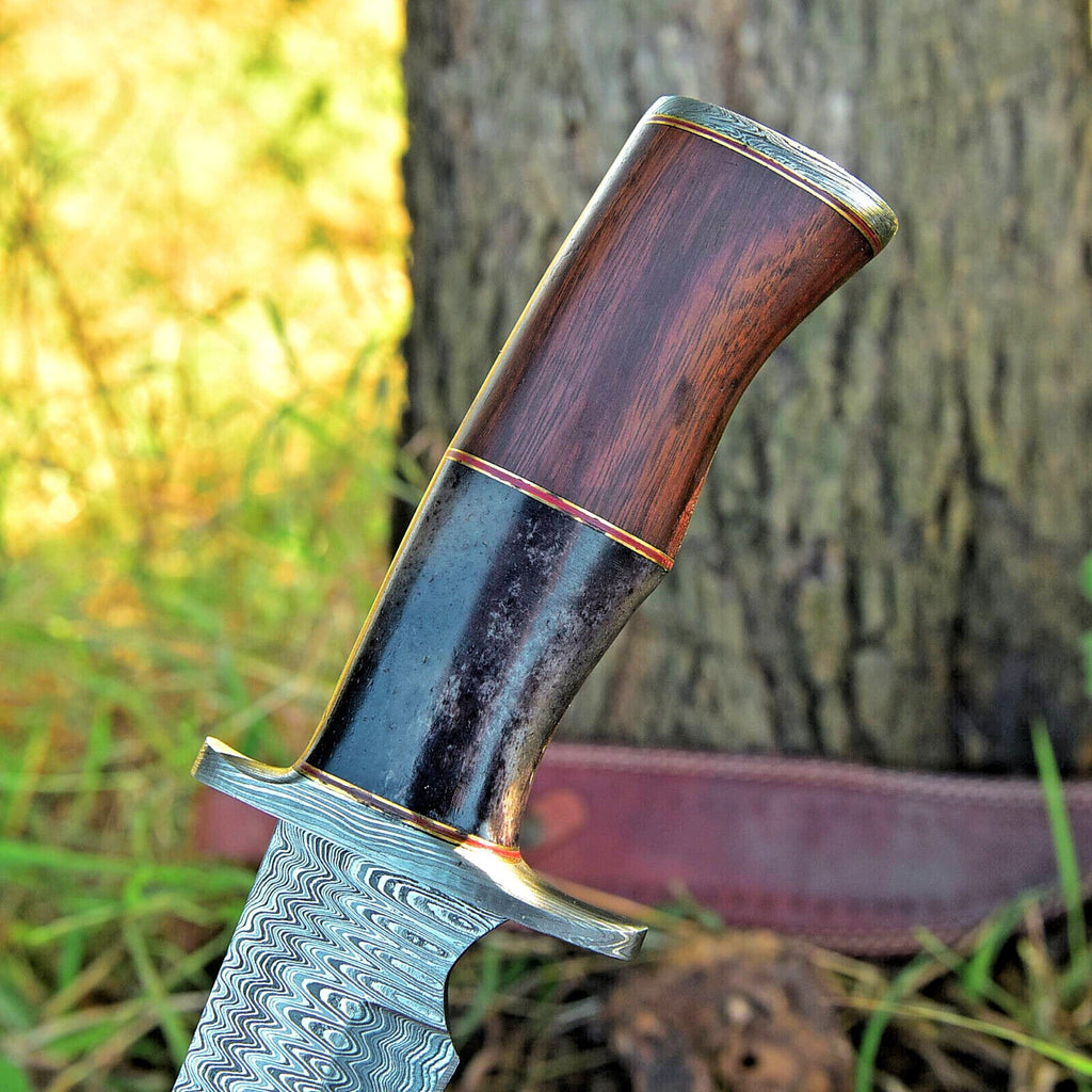 Custom Made 16" Damascus Steel Bowie Knife with Camel Bone and Rosewood Handle, Includes Leather Sheath