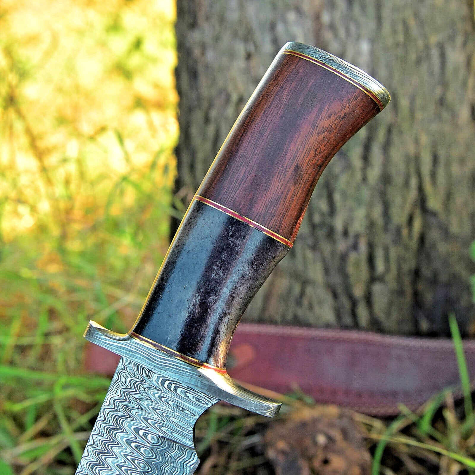 Custom Made 16" Damascus Steel Bowie Knife with Camel Bone and Rosewood Handle, Includes Leather Sheath