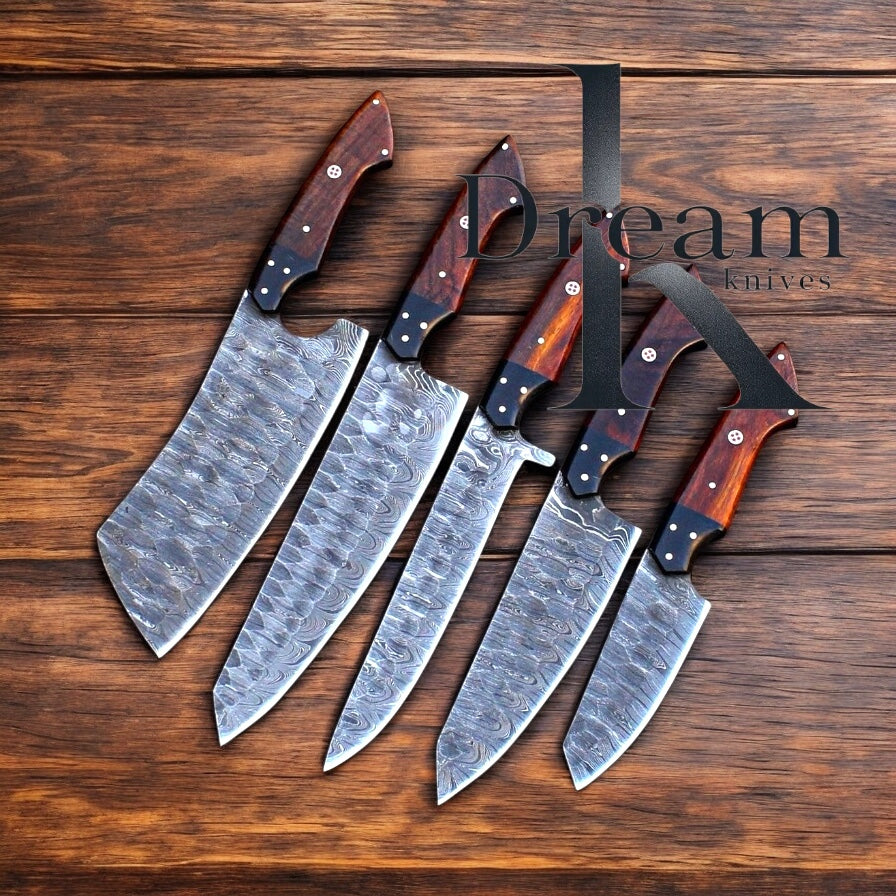 Premium Damascus steel kitchen knives set with rosewood handles, 13-inch length, ideal for precise culinary preparation.