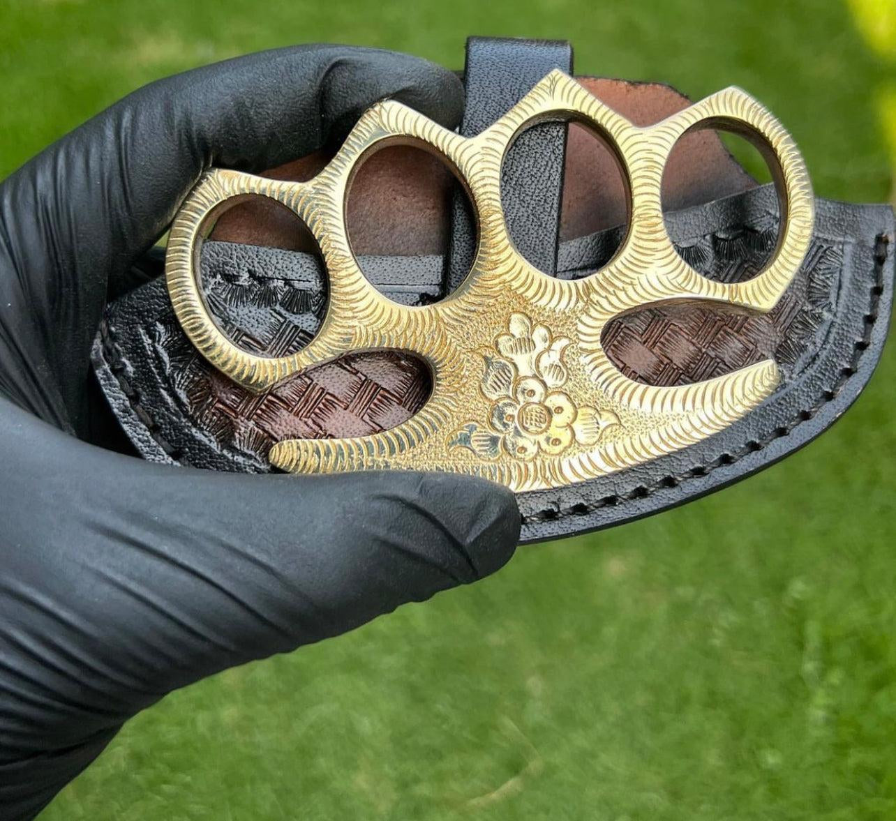 Handmade Engraved Brass Knuckles with Belt Loop Leather Case – Solid Brass EDC for Self Defense