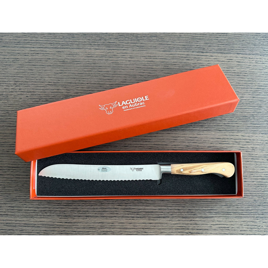 Laguiole en Aubrac Classic Forged Bread Knife With Olive Wood Handle, 8-in